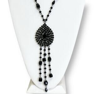 Coldwater Creek Necklace Black Glass Dark Romantic Gothic Pendant Beaded Tassel